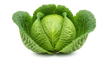 Fototapeta premium Fresh Savoy Cabbage: Detailed Close-Up on White Background, Healthy Food.