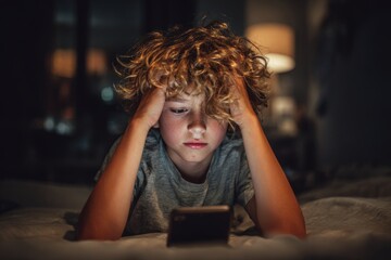 Child lying in bed frustrated using smartphone