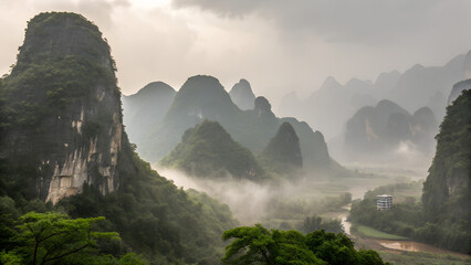 Rain-soaked Limestone Karst Hills – Towering cliffs in mist and drizzle