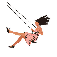 a girl in a polka-dot summer dress, swinging high with her legs straight out and hair flying back, her expression full of joy