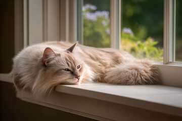 cozy cat lounging on windowsill basking in warm sunlight