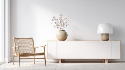 Minimalist Interior with Wooden Chair, White Cabinet, Lamp, and Plant Decoration in a Bright, Modern Room