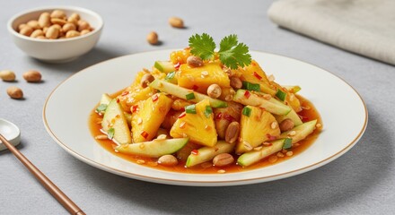 Vibrant Pineapple Salad with Peanuts, Fresh Herbs, and Chili on Plate