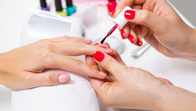 Professional manicure session with nail polish application, highlighting beauty care, hygiene, and salon aesthetics in close-up detail. AI generated.
