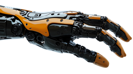 Highly realistic robotic hand connected to detailed metallic arm on transparent background perfect for futuristic interfaces, ai systems, and sci-fi design