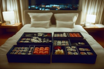 A luxurious hotel room features an array of sushi boxes arranged neatly on a bed, illuminated by soft lamps, creating a cozy atmosphere.