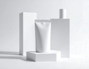Elegant white cosmetic tube display on geometric platforms for product showcase