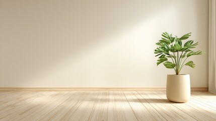 Minimalist Interior with Potted Plant and Natural Light on a Wood Floor in Empty Room