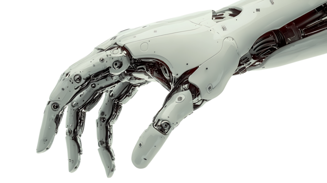 Close-up of a robotic hand crafted from sleek metal elements isolated on transparent background ideal for artificial intelligence and machine technology concepts