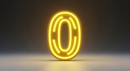 Glowing yellow neon number zero sign standing on a reflective floor in a dark room.