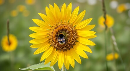 Obraz premium Bee inside a vibrant yellow sunflower.