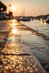 Golden Sunset Reflections on Wet Harbor Stones by the Water.