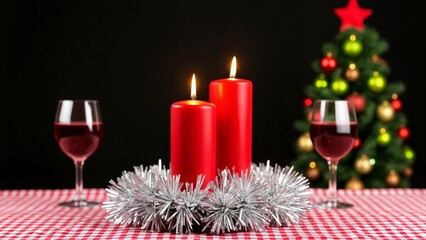 Two red candles sitting on top of a red and white checkered table cloth.