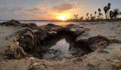 Sandy beach cove at sunset