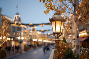 picturesque american park adorned with twinkling lights and decorated trees creates magical ambiance at night