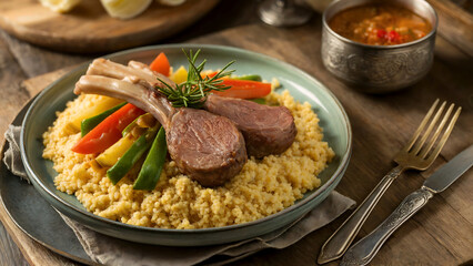 Couscous. Wheat groats, served with lamb, boiled vegetables and sauce.