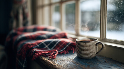 A cozy scene of a mug by a window with a plaid blanket on a cold winter day indoors
