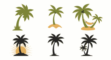 Fototapeta premium Assorted Palm Tree Illustrations: Green, Black Silhouettes, Hammock, and Sunset