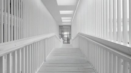 Fototapeta premium Minimalist white staircase interior with natural light streaming through the windows, creating a bright and airy atmosphere