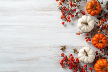 Autumn harvest pumpkins and red berries arranged on rustic white wood background.
