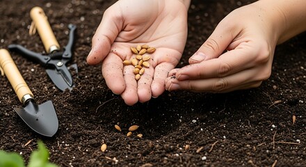 Hands gently planting seeds into the fertile soil in early spring