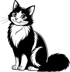 Obraz premium Cartoon Style Tuxedo Cat Line Art Drawing, Isolated Black and White