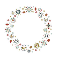 Decorative folk wreath made of stylized snowflakes, floral motifs, nordic ornaments in festive colors. Elegant Scandinavian Christmas design for cards, wrapping, seasonal projects Winter vector fram