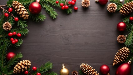 A dark wooden background with pine cones and red ornaments.