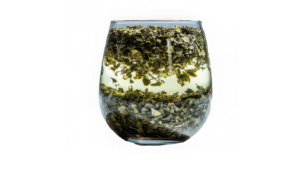 Herbal tea in clear glass with floating dried leaves, refreshing and natural beverage, healthy drink, transparent background, relaxation concept