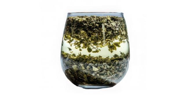 Herbal tea in clear glass with floating dried leaves, refreshing and natural beverage, healthy drink, transparent background, relaxation concept