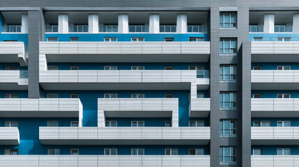 Close up of an apartment building with blue walls and white balconies on each floor