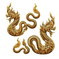 Obraz premium A majestic set of two ornate golden mythical naga serpents, intricately detailed in a traditional Southeast Asian artistic style isolated on white