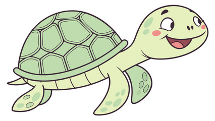 Cartoon Turtle with Green Shell and Rosy Cheeks Swimming Happily