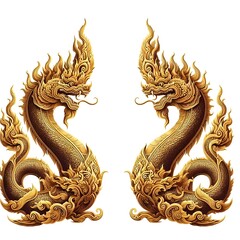 Fototapeta premium Symmetrical pair of ornate golden Thai Naga serpents, a mythical dragon-like creature from Southeast Asian mythology, isolated on a white background