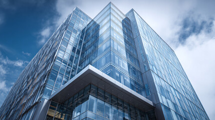 Fototapeta premium A low angle shot of a modern glass skyscraper against a cloudy blue sky background