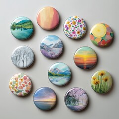 Collection of twelve round artistic pins featuring colorful painted landscapes and floral patterns arranged on a gray surface