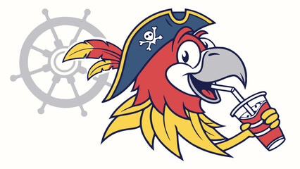 Jolly Parrot Pirate Cartoon Drinking a Soda