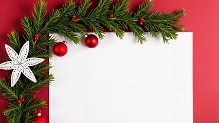 A white sheet of paper surrounded by evergreen branches and red ornaments.