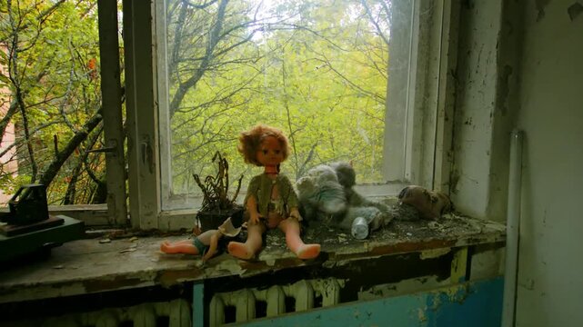 Eerie and poignant scene inside the abandoned Kindergarten No. 8 Teremok in Pripyat, Ukraine, within the Chernobyl Exclusion Zone. The image captures a window view with overgrown trees outside and a c