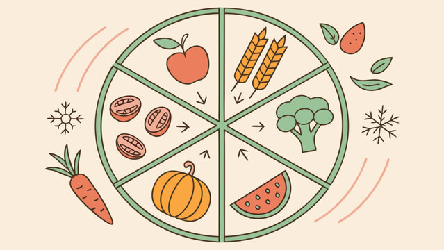 Seasonal Food Wheel Chart Illustrating Balanced Diet with Fruits Vegetables and Grains