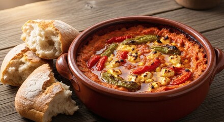 Traditional Albanian Fërgesë Dip in a Rustic Terracotta Pot