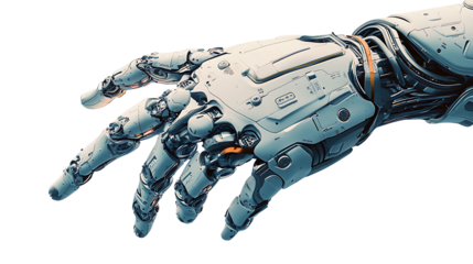 Futuristic robot arm made of shiny metal components isolated in close up on transparent background ideal for technology innovation, robotics, and cybernetic design