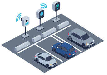 Isometric parking lot illustration with smart sensors and cars. Modern tech open concept design. Clean, digital style. © Vector Factory