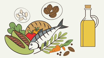 Stylized Mediterranean Diet Illustration with Fish Vegetables Nuts and Olive Oil