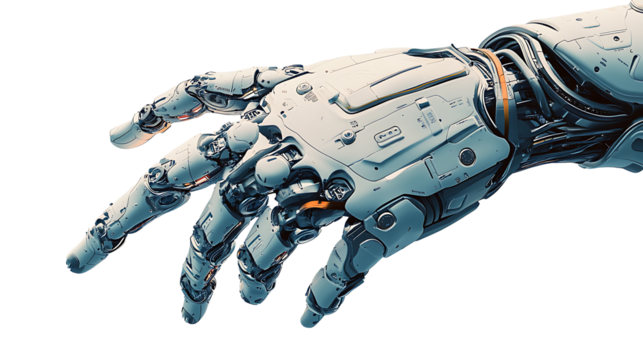 Futuristic robot arm made of shiny metal components isolated in close up on transparent background ideal for technology innovation, robotics, and cybernetic design - Powered by Adobe