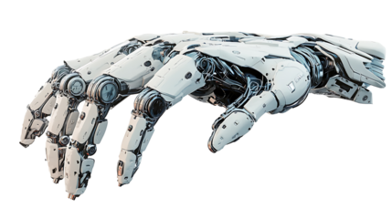 Highly detailed metallic robotic arm in close view isolated on transparent background ideal for showcasing innovation, cybernetics, and advanced robotics design