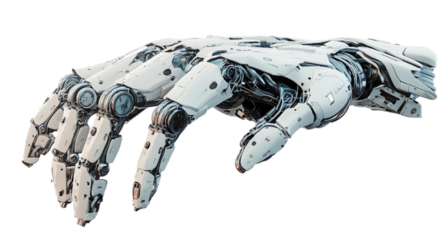 Highly detailed metallic robotic arm in close view isolated on transparent background ideal for showcasing innovation, cybernetics, and advanced robotics design - Powered by Adobe