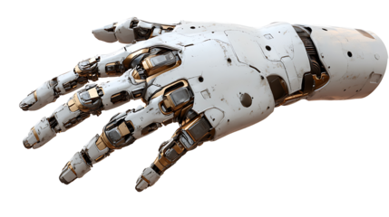 Close-up of a futuristic metallic robot arm with precise mechanical components isolated on transparent background perfect for next-generation technology illustrations