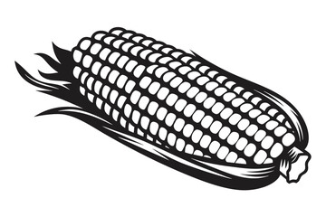 Monochrome Corn Cob with Husk and Kernels on White Background