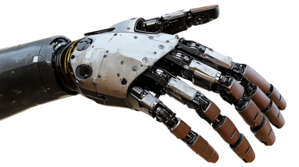 Detailed close-up image of a high-tech metallic robot arm isolated on transparent background perfect for use in technology, robotics, and futuristic concept art
